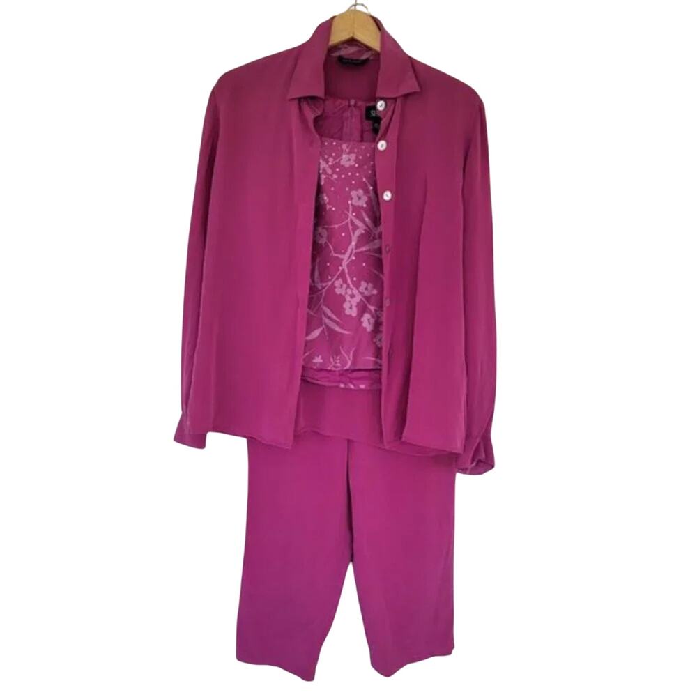 Shomi Silk 3 Piece Set Blouse Tank Top Pants Fuchsia Women Size S Vintage Wear